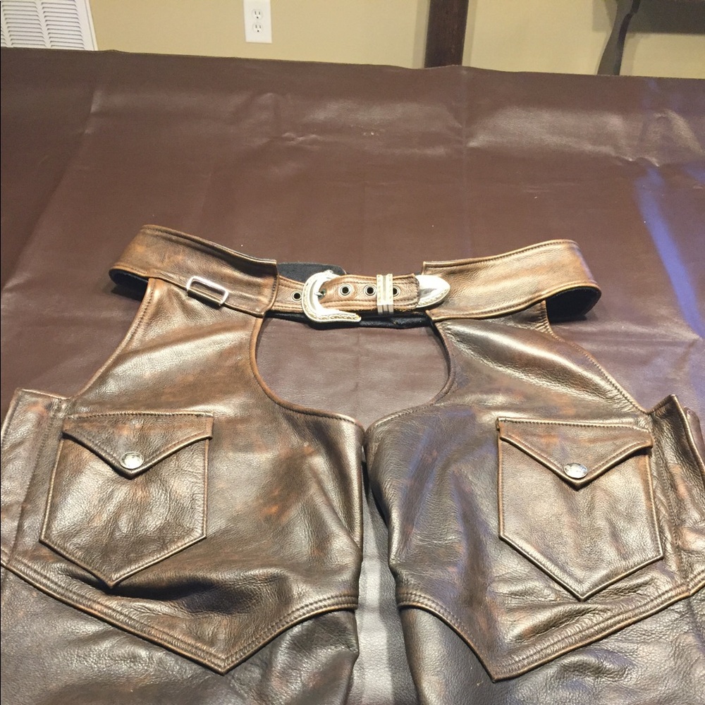 Men’s custom brown leather chaps